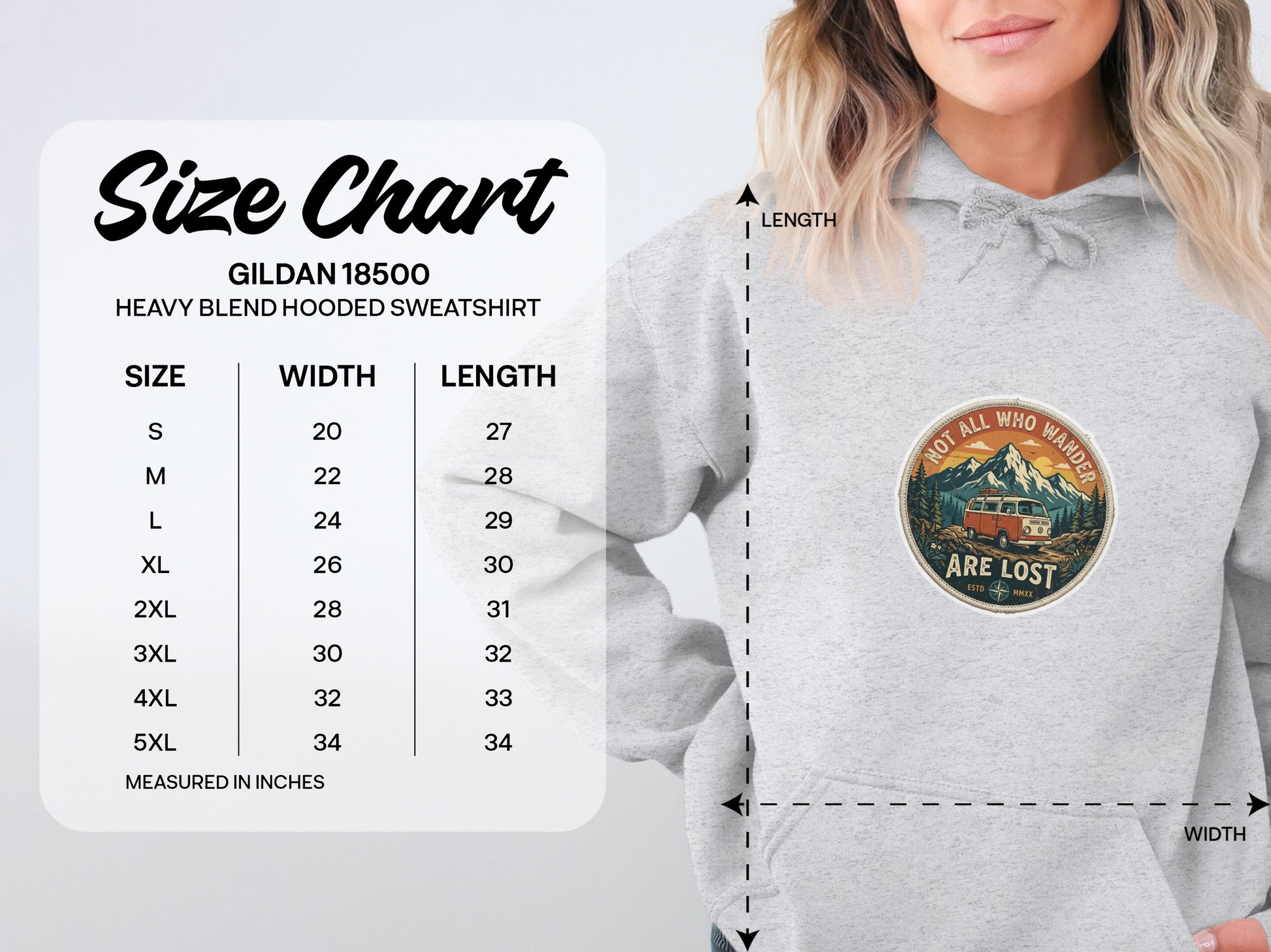 Gildan 18500 size chart for heavy blend hooded sweatshirt with measurements.