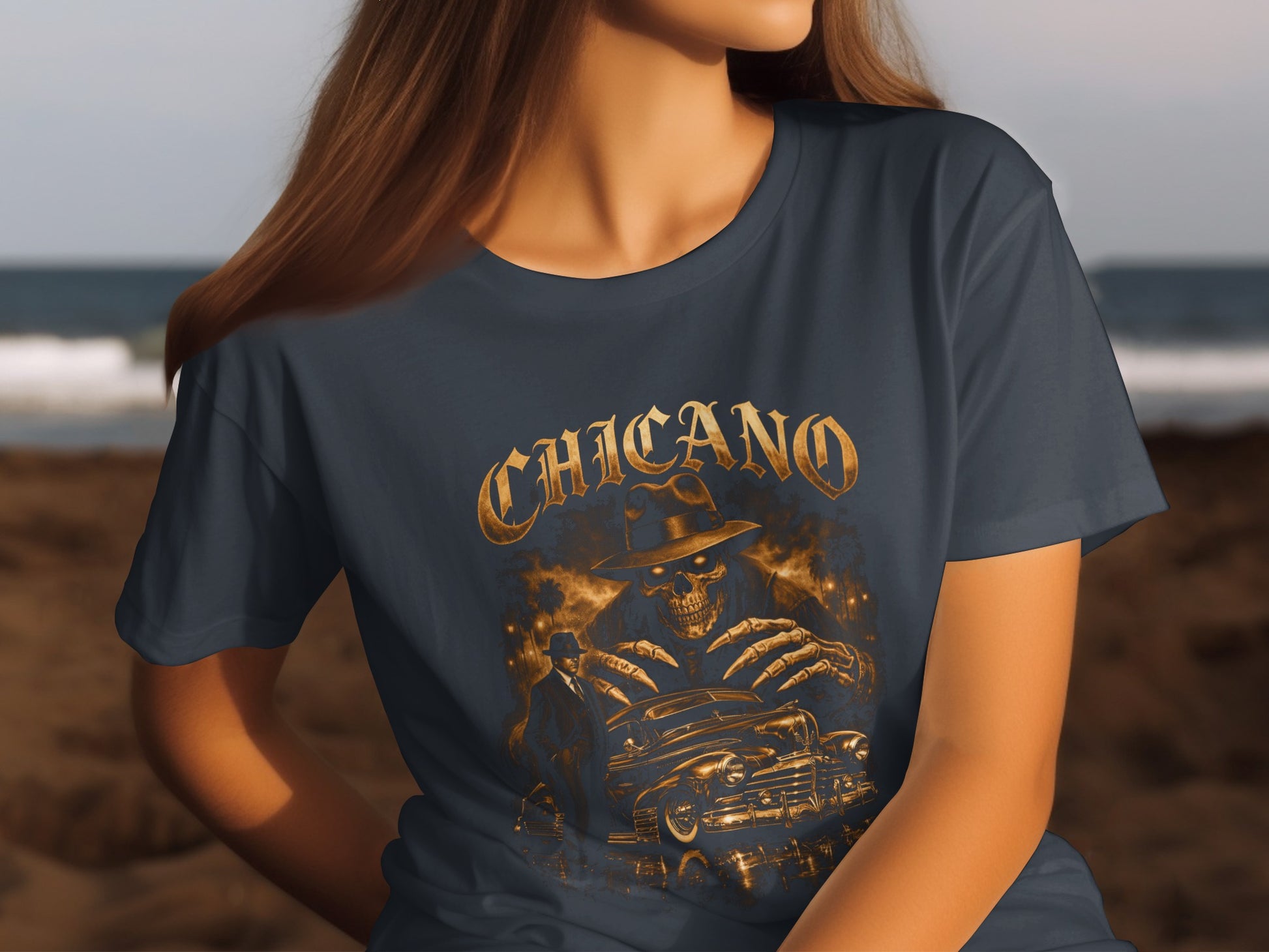 Dark t-shirt with graphic of skeleton in fedora and vintage car.