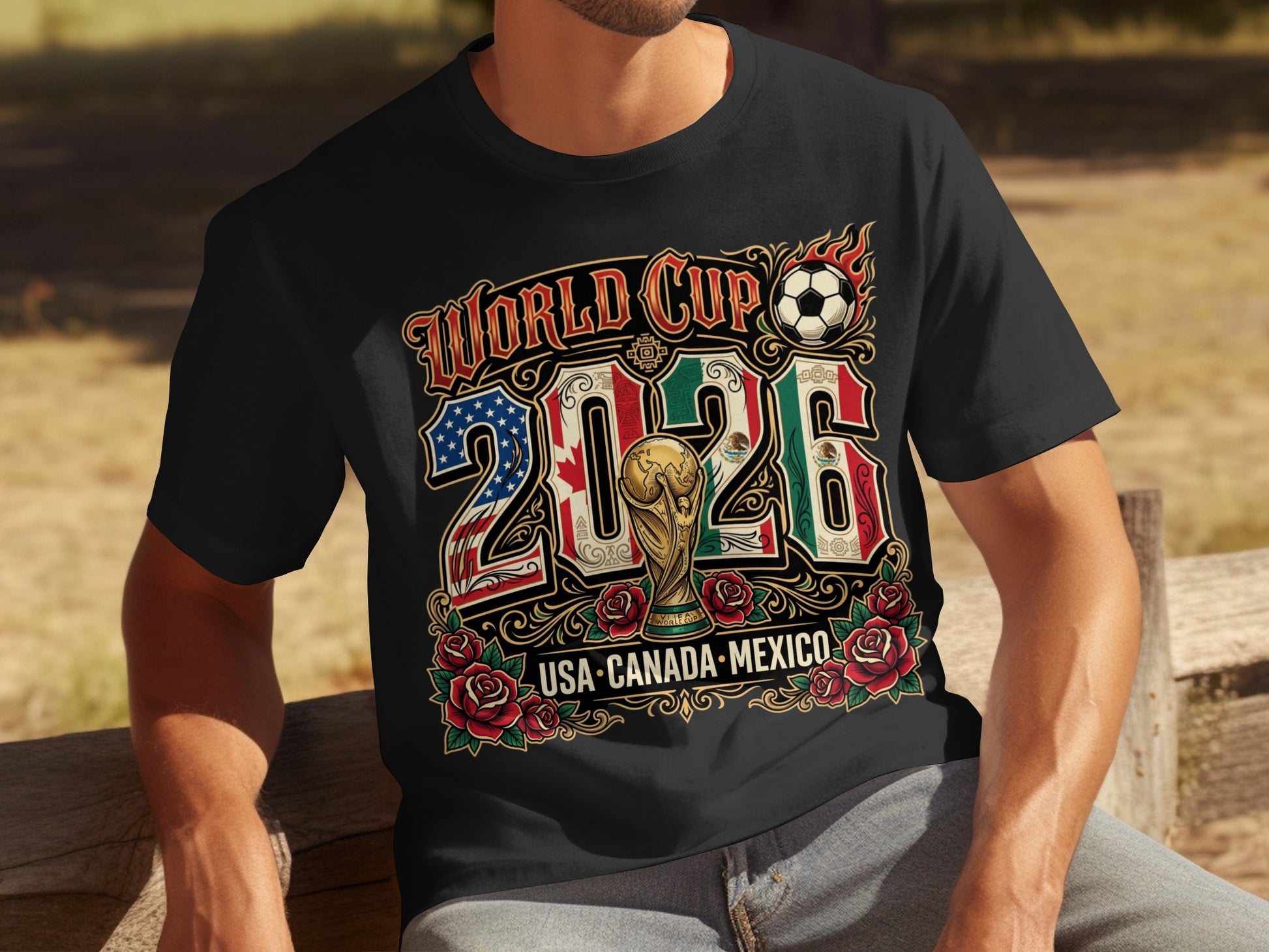 World Cup 2026 USA-Canada-Mexico t-shirt with trophy and soccer ball.