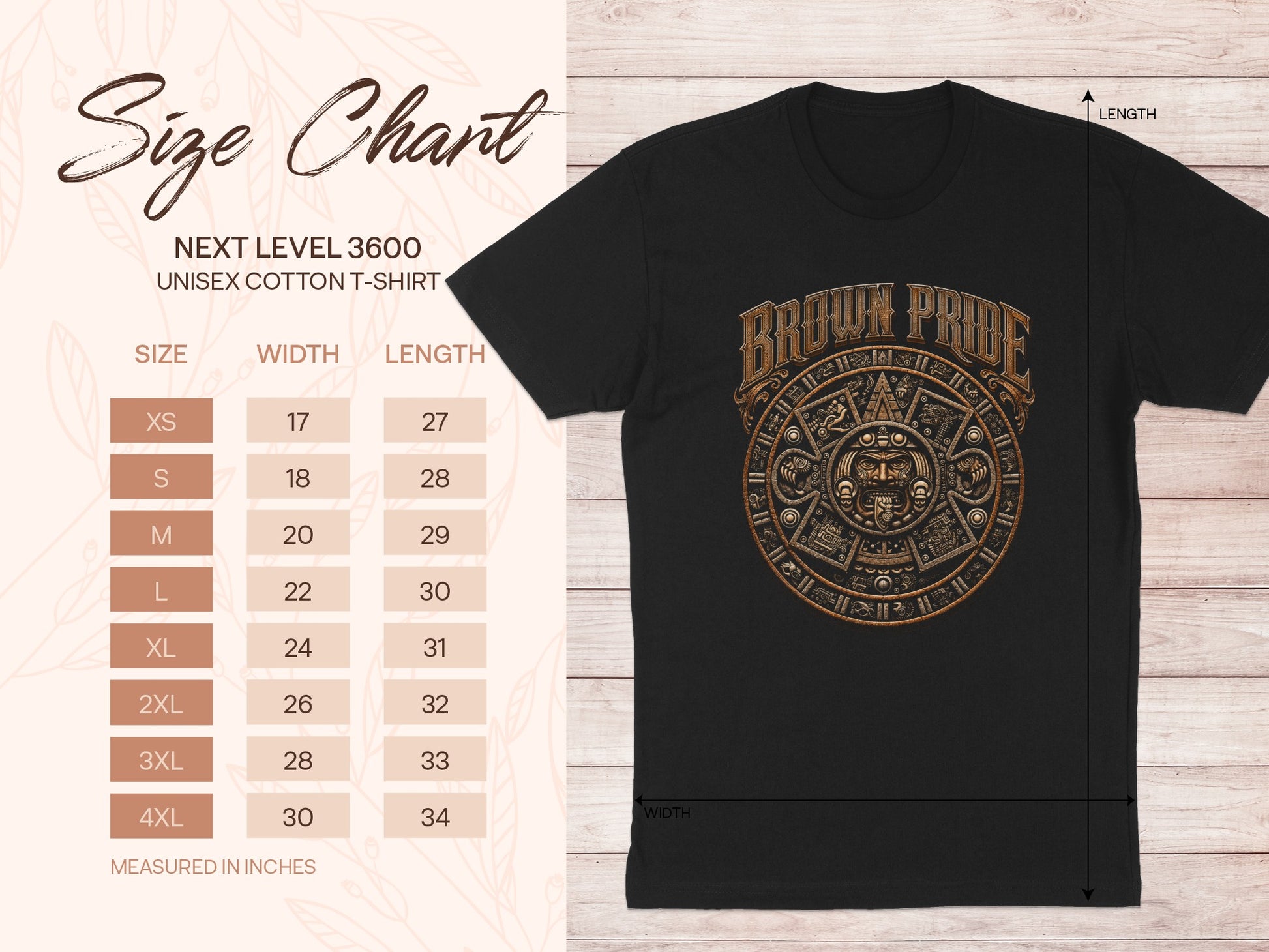 Size chart for a Next Level 3600 unisex cotton t-shirt with "BROWN PRIDE" graphic.
