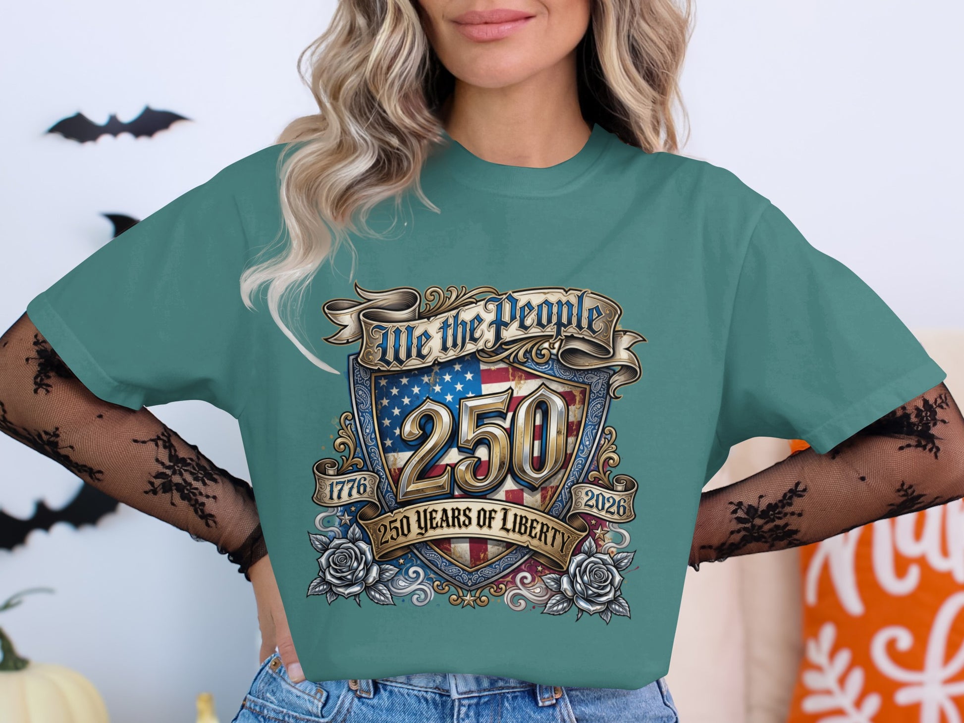 T-shirt with "We the People 250 1776 2026 Years of Liberty" design.