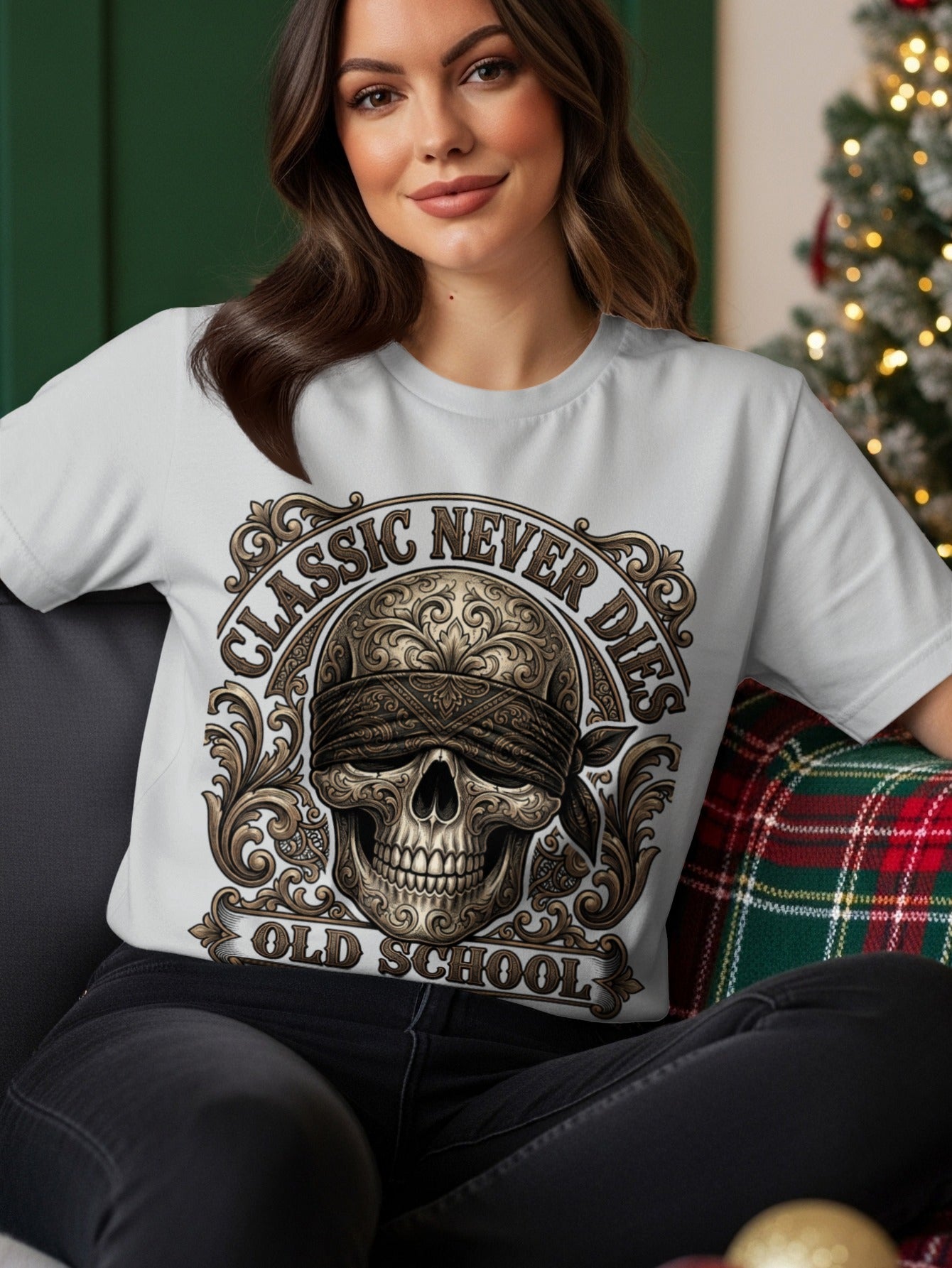 Skull with bandana and ornate design, text "CLASSIC NEVER DIES OLD SCHOOL".