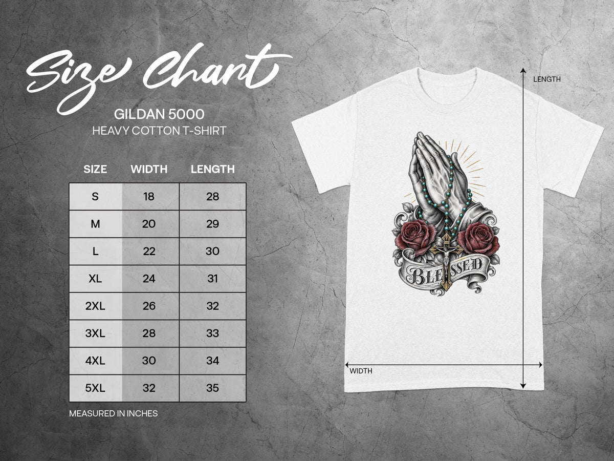 Gildan 5000 Heavy Cotton T-Shirt size chart with width and length measurements.