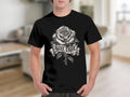 Black t-shirt with a detailed rose graphic and 
