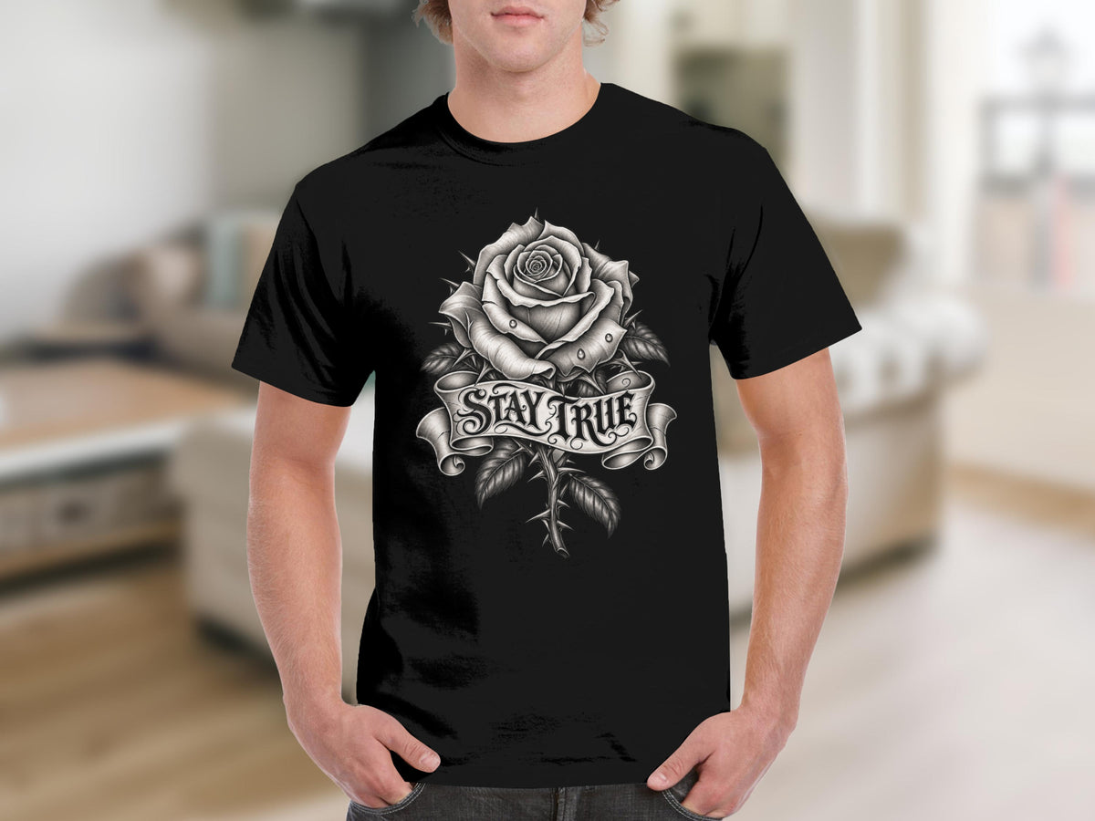 Black t-shirt with a detailed rose graphic and "STAY TRUE" text.