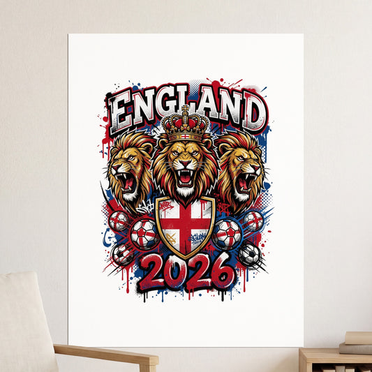 England 2026 crest with three lions, crown, and soccer balls.