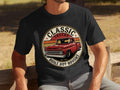 Black t-shirt with a circular graphic of a red classic truck, 