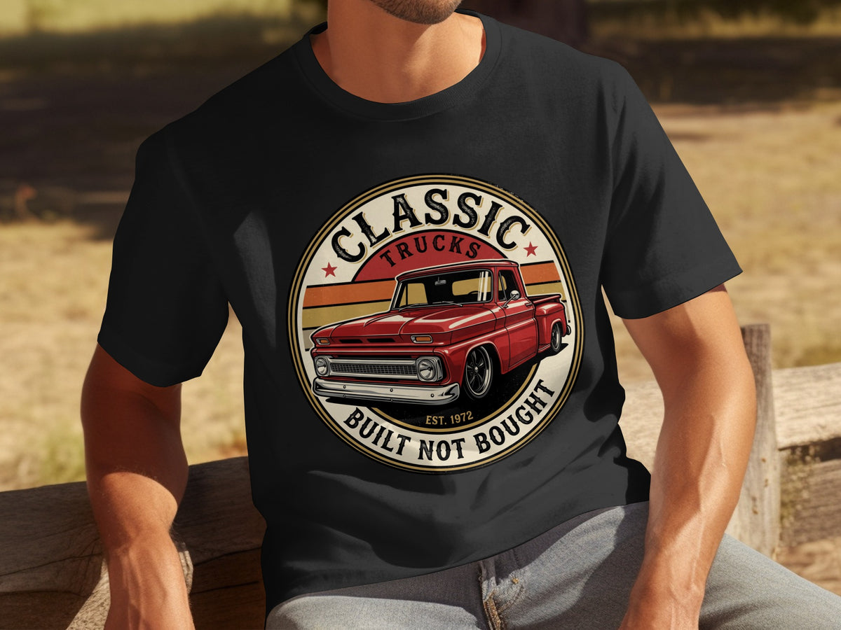 Black t-shirt with a circular graphic of a red classic truck, "Classic Trucks", and "Built Not Bought".