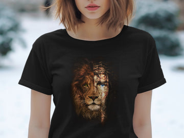 T-shirt featuring a split image of a lion's head and Jesus Christ.
