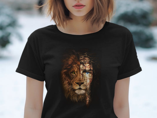 T-shirt featuring a split image of a lion's head and Jesus Christ.