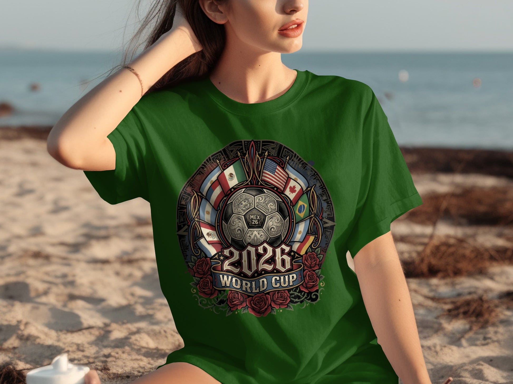 Green t-shirt with 2026 World Cup logo featuring soccer ball and flags.