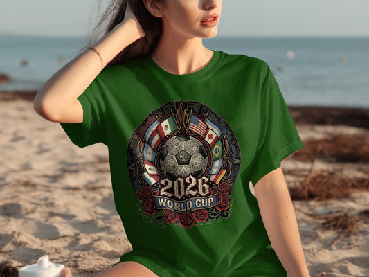Green t-shirt with 2026 World Cup logo featuring soccer ball and flags.