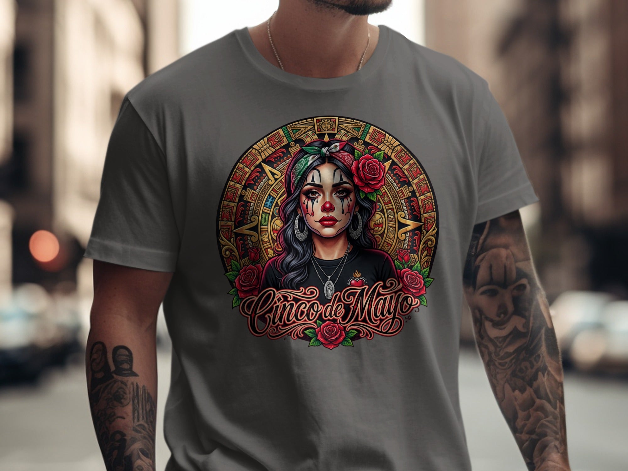 Cinco de Mayo skull woman with roses and Aztec pattern design.
