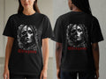 Black t-shirt with a skull and rose design and 