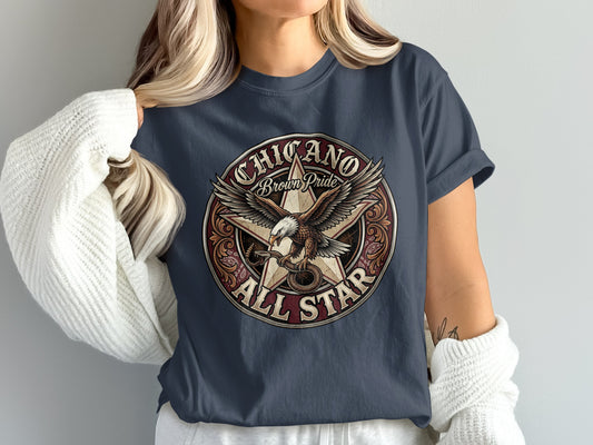 Dark blue t-shirt with "CHICANO BROWN PRIDE ALL STAR" and eagle graphic.