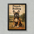 French Bulldog seated in field, vintage illustration on framed poster.