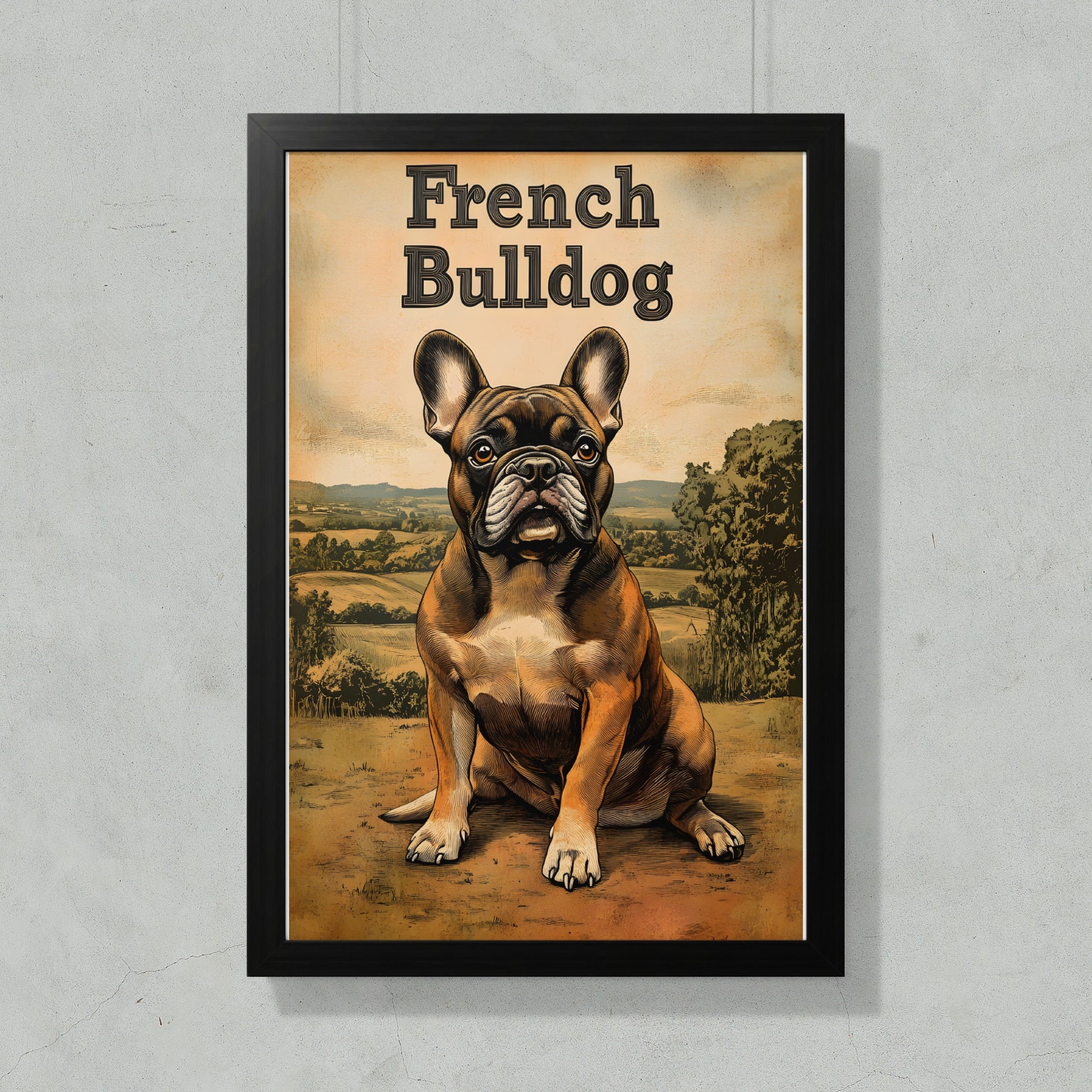 French Bulldog seated in field, vintage illustration on framed poster.