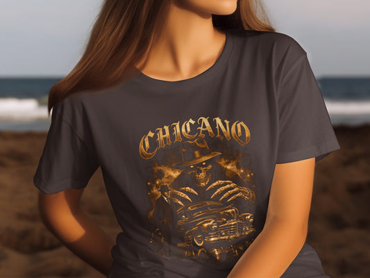 Chicano graphic t-shirt with a skull, skeleton hands, and vintage car.