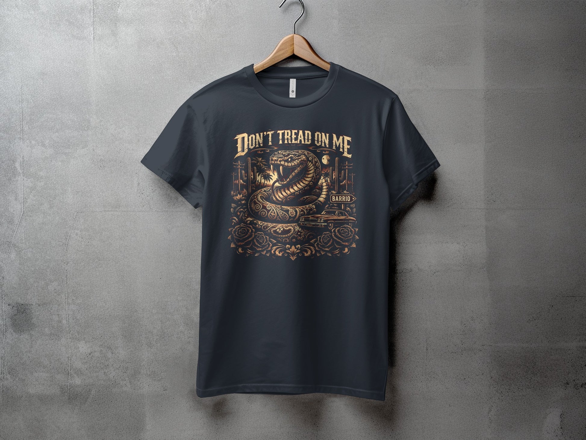 Dark t-shirt with coiled snake and "Don't Tread On Me" text.