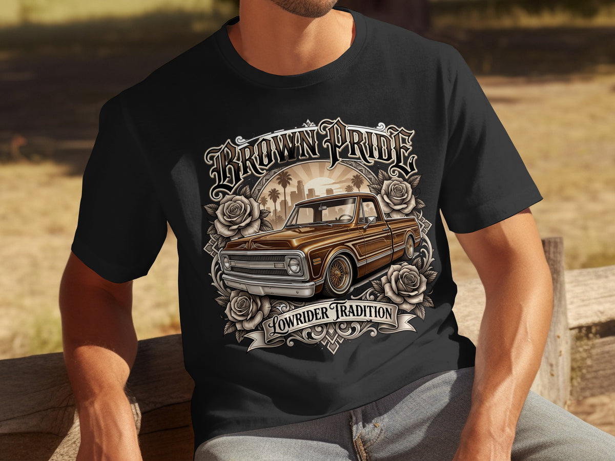 Black t-shirt graphic featuring a brown lowrider truck, roses, and text.