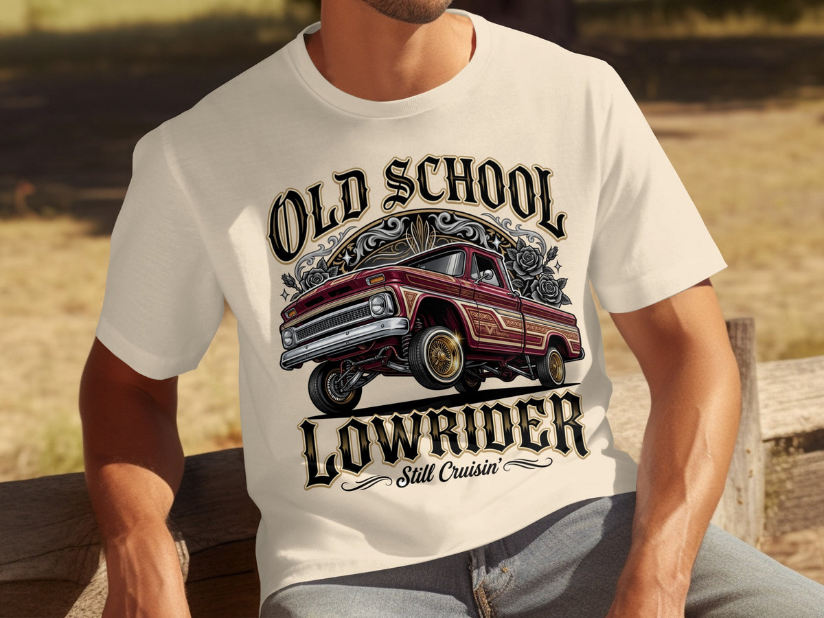 T-shirt with "Old School Lowrider Still Cruisin'" text and a classic red lowrider truck graphic.