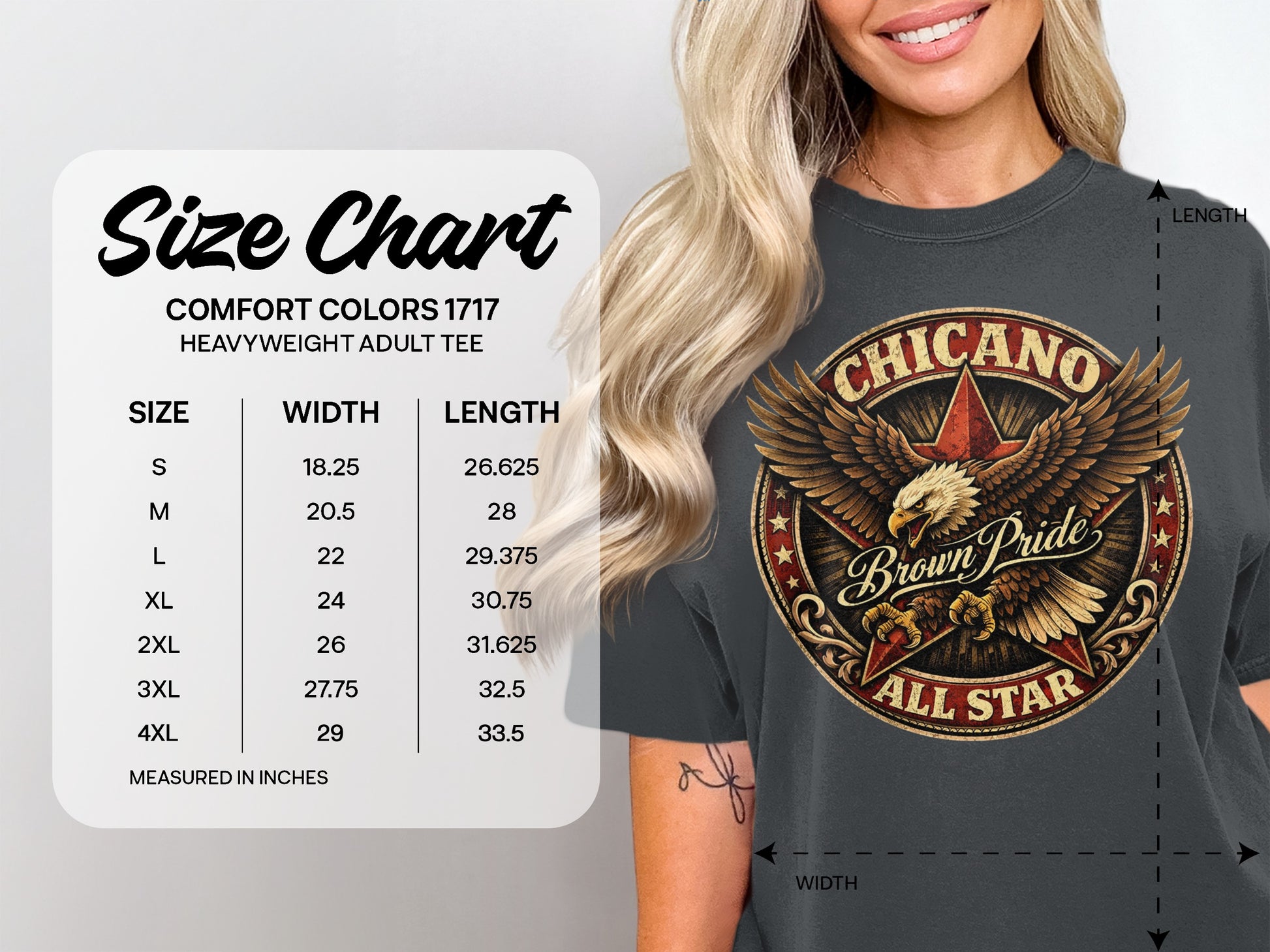 Size chart for Comfort Colors heavyweight adult tee with measurements.