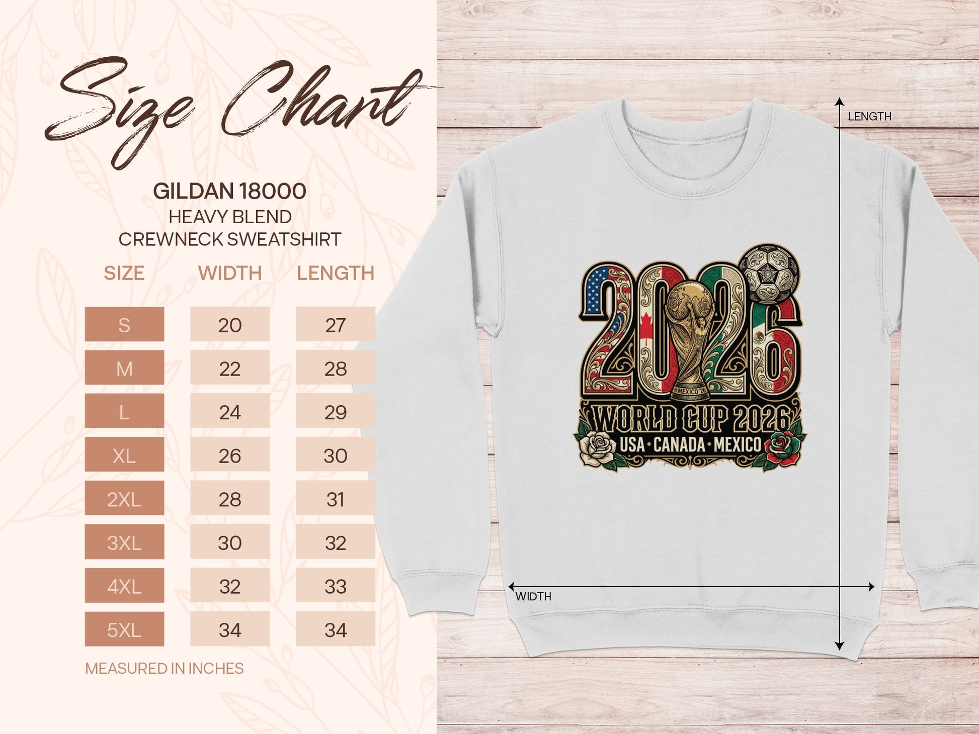 Gildan 18000 sweatshirt size chart with width and length in inches.