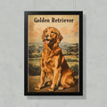 Golden Retriever dog sitting in a landscape, vintage poster style.