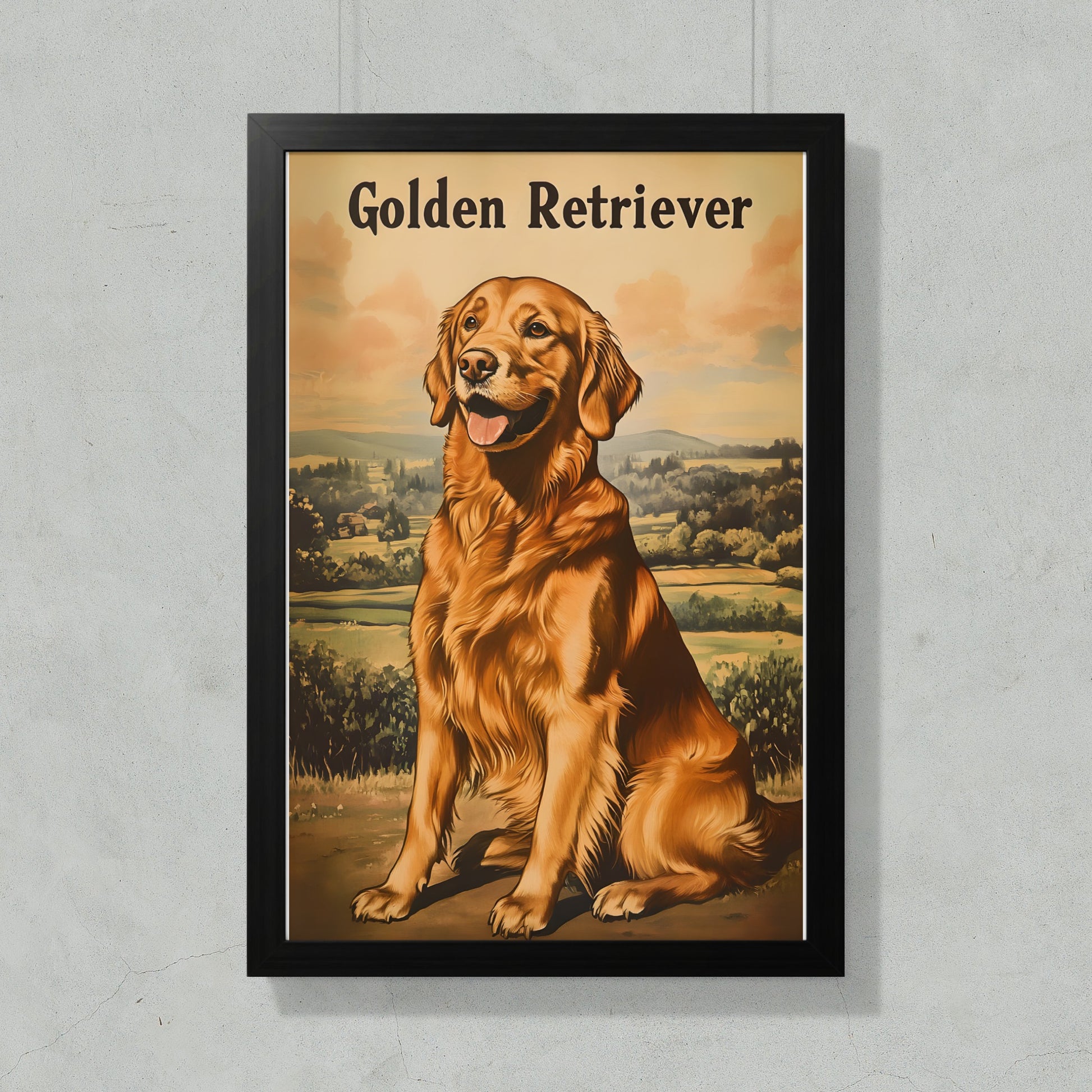 Golden Retriever dog sitting in a landscape, vintage poster style.
