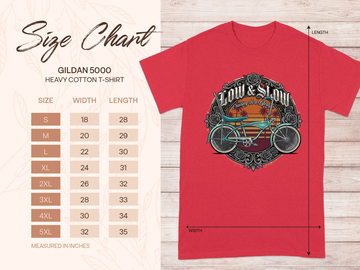 Gildan 5000 Heavy Cotton T-shirt size chart and "Low & Slow" graphic with a bicycle.