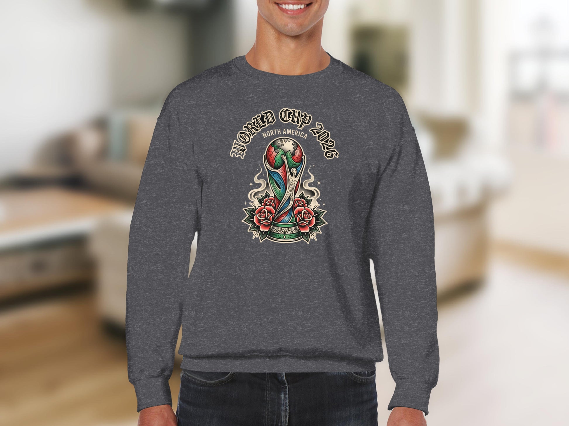 World Cup 2026 North America trophy with roses graphic on sweatshirt.