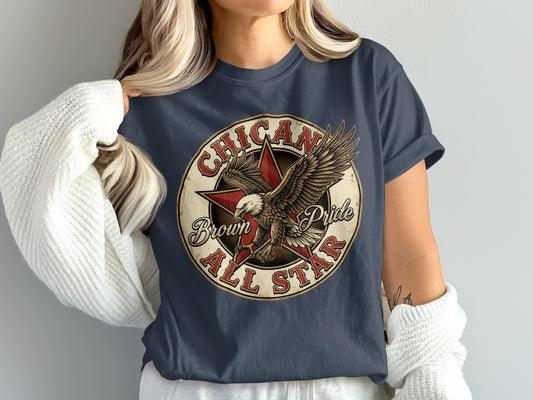 Dark blue t-shirt with Chicano Brown All Star eagle and star graphic.