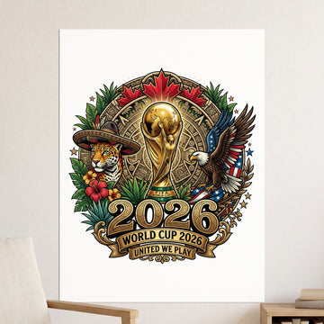 FIFA World Cup 2026 logo with trophy, eagle, jaguar, and maple leaves.
