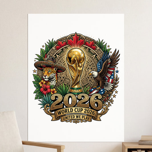 FIFA World Cup 2026 logo with trophy, eagle, jaguar, and maple leaves.