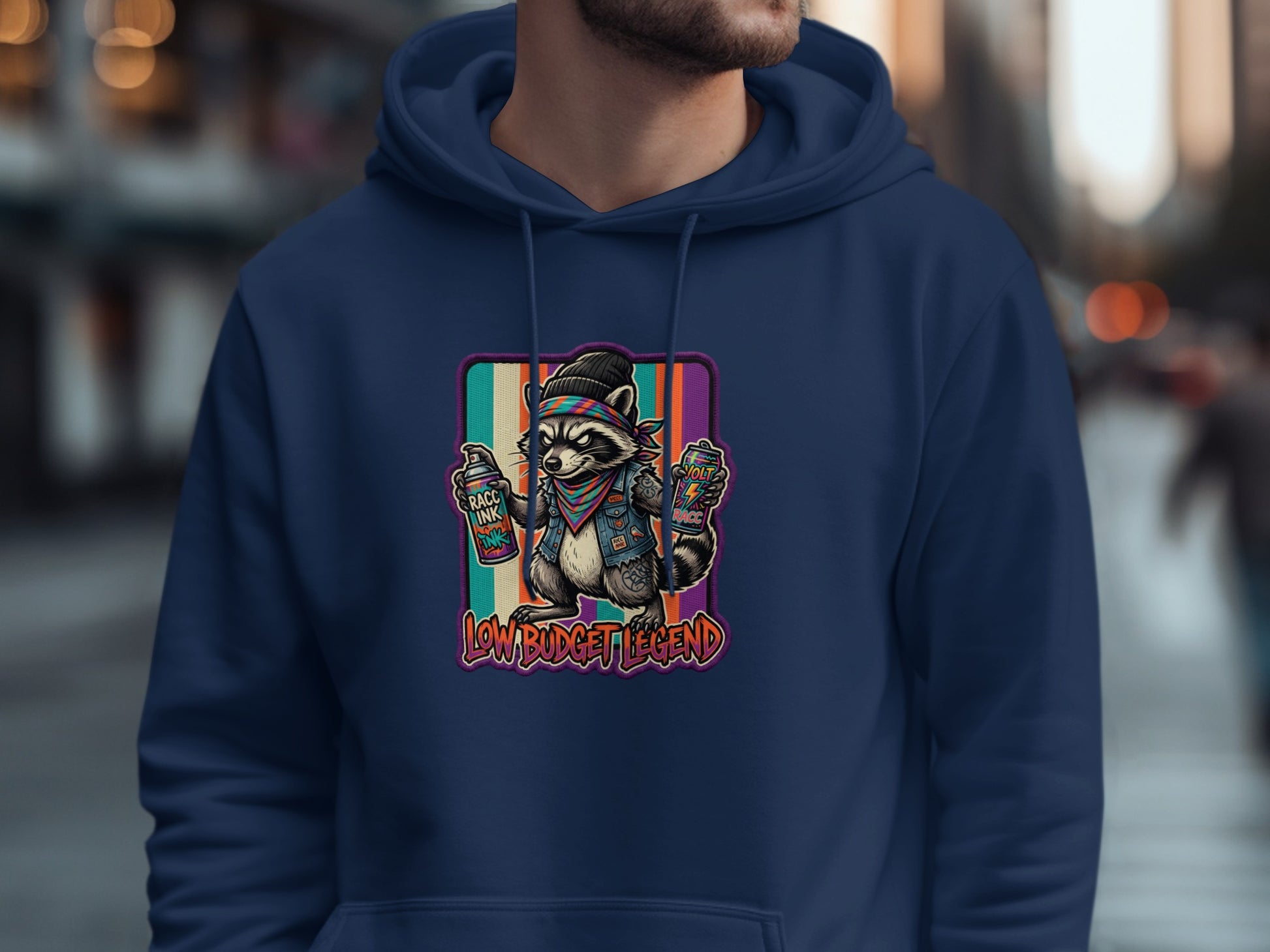 Navy blue hoodie with raccoon graphic and "LOW BUDGET LEGEND" text.