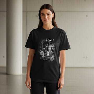 Black t-shirt with a black and white graphic featuring a woman and a car.