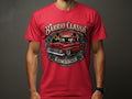 Red t-shirt with classic truck graphic and text 