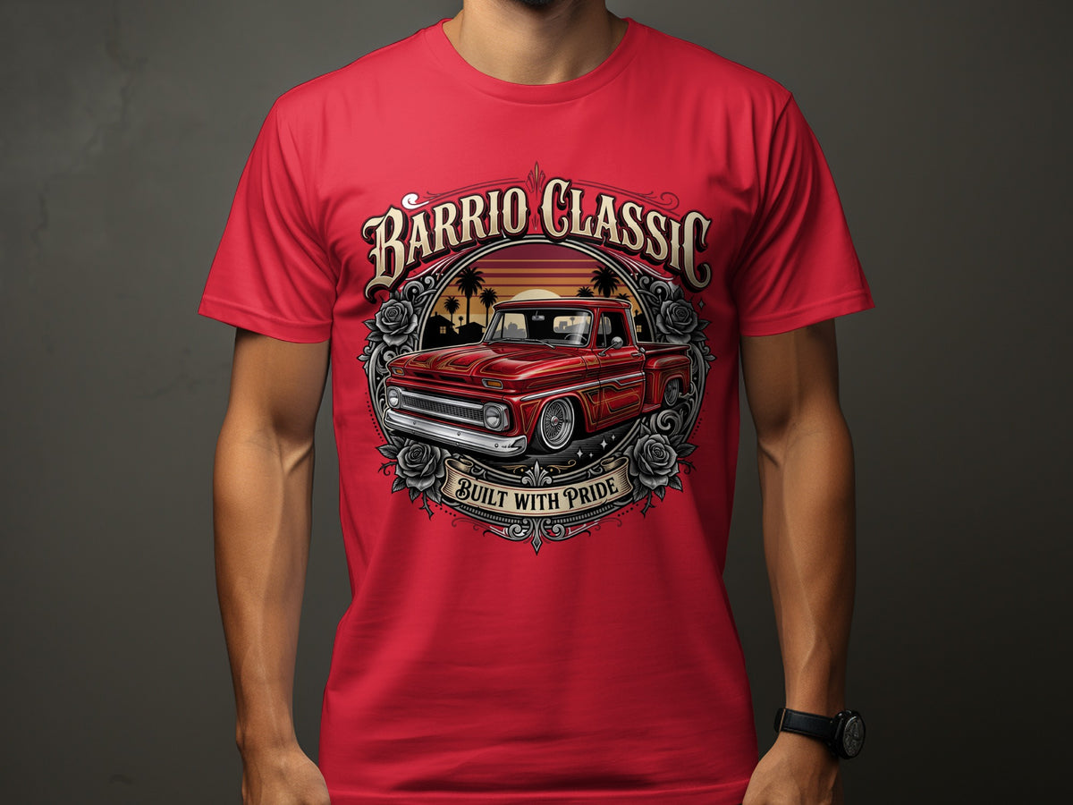 Red t-shirt with classic truck graphic and text "Barrio Classic Built With Pride".
