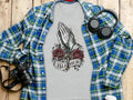 Grey t-shirt with praying hands, rosary, cross, roses, and 
