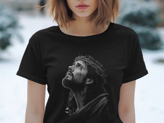 T-shirt with a black and white sketch of Jesus Christ wearing a crown of thorns.