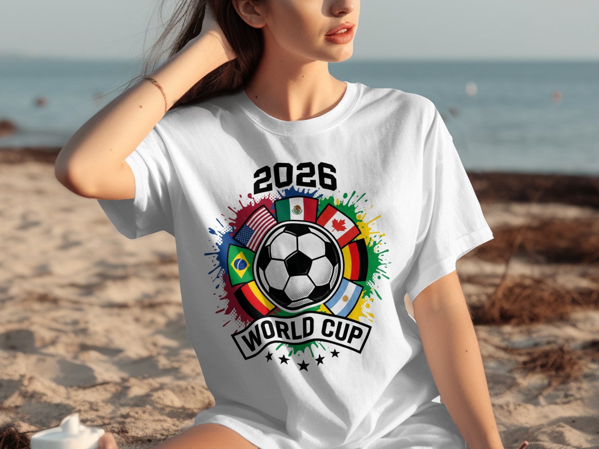 White t-shirt with 2026 World Cup logo featuring a soccer ball and flags.
