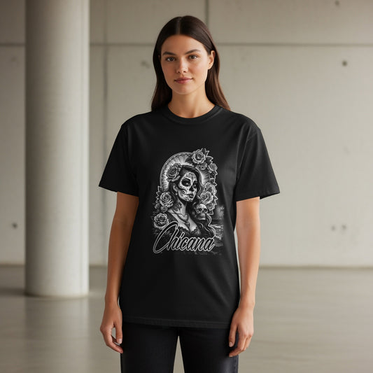 Black t-shirt with Day of the Dead inspired woman and rose graphic.