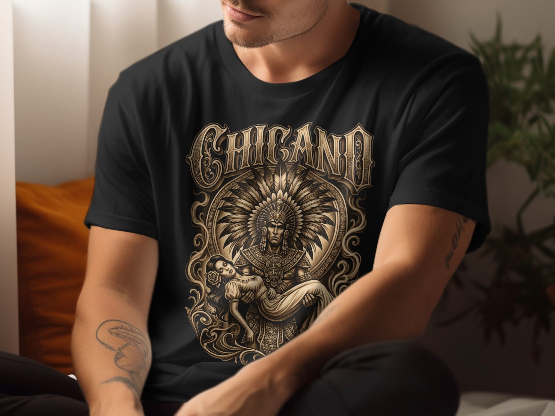 Black t-shirt featuring a central ornate circular design with a warrior and a woman.