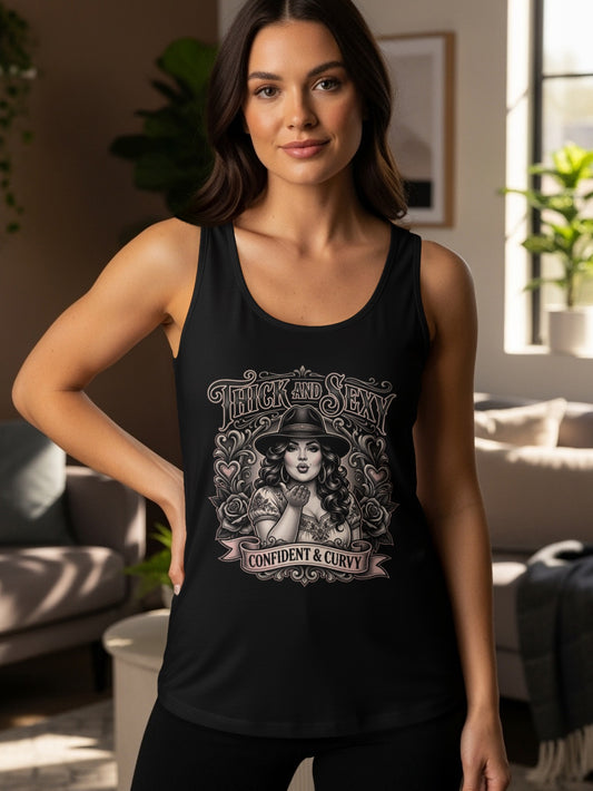 Black tank top with "Trick and Sexy" and "Confident & Curvy" text.