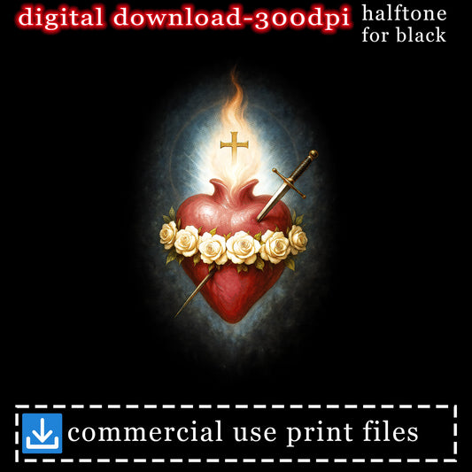 Sacred Heart of Jesus with roses, cross, sword, and text.