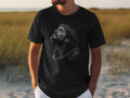Black t-shirt with a grayscale depiction of Jesus Christ wearing a crown of thorns.
