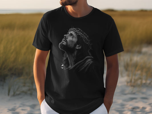 Black t-shirt with a grayscale depiction of Jesus Christ wearing a crown of thorns.
