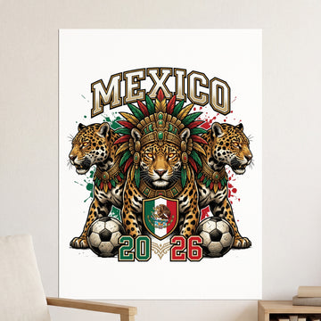 Mexico 2026 with three jaguars, soccer balls, and Mexican flag emblem.
