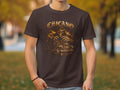 Chicano graphic t-shirt featuring a skeleton in a hat and a vintage car.