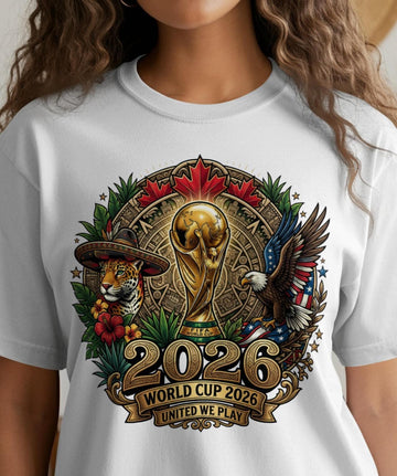 World Cup 2026 T-Shirts, FIFA Soccer Fan Tee, USA Mexico Canada Football, Trophy Jaguar Eagle Maple Leaf, United We Play